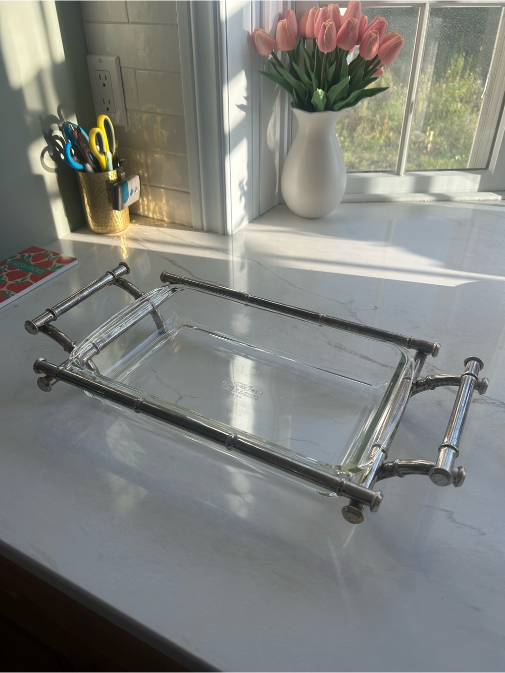 Vintage Pyrex Glass Serving Tray Silver Faux Bamboo Frame Hollywood Regency